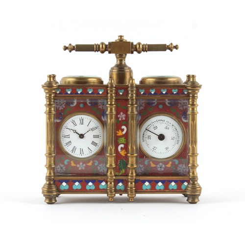 247 - The Henry & Tricia Byrom Collection - a brass & cloisonne cased combined clock & barometer, with ena... 