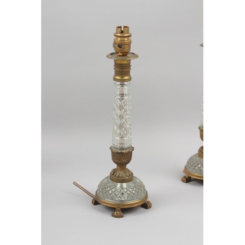 163 - Property of a gentleman - a set of three French gilt brass & cut glass candlestick table lamps, on c... 