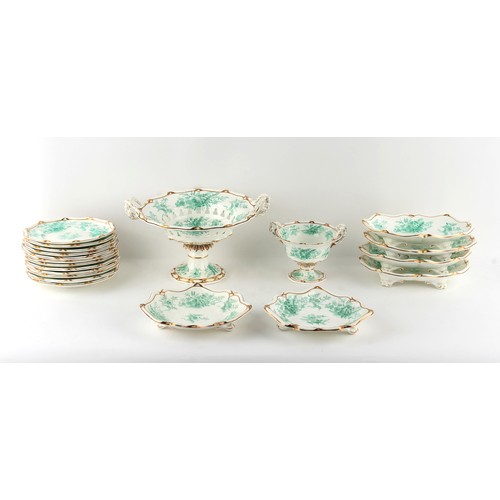 35 - A Victorian Davenport green floral decorated porcelain twenty piece dessert service for twelve place... 