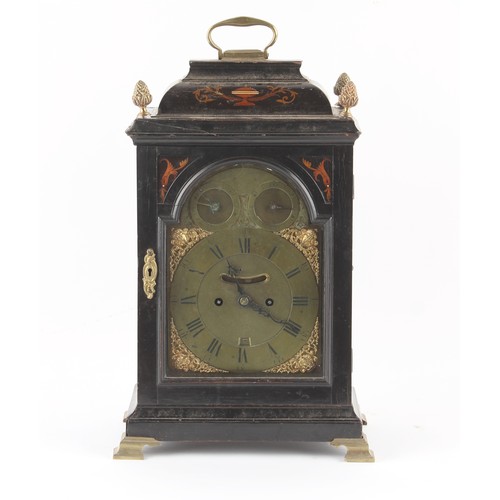 295 - The Henry & Tricia Byrom Collection - an ebonised & marquetry inlaid table clock, circa 1750, the ma... 