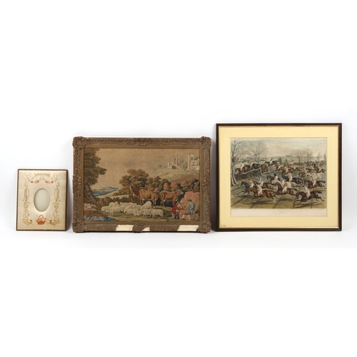 377 - Property of a lady - a 19th century petit point needlework picture panel depicting a pastoral scene,... 