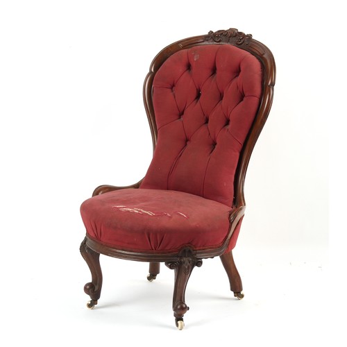 378 - Property of a lady - a Victorian carved walnut & red button upholstered spoon-back nursing chair, wi... 