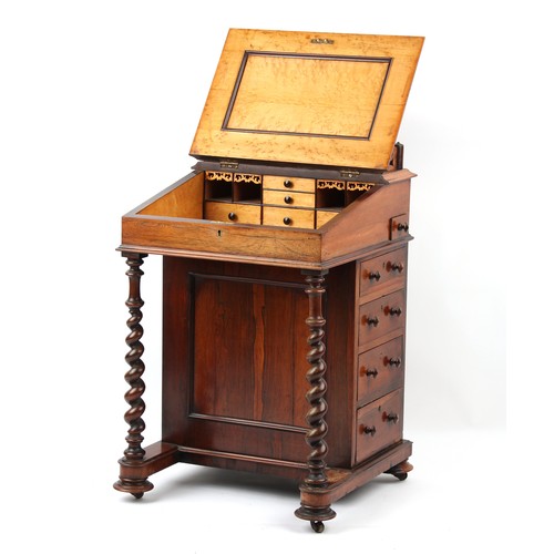 393 - The Henry & Tricia Byrom Collection - an early Victorian rosewood davenport, with tapering barleytwi... 