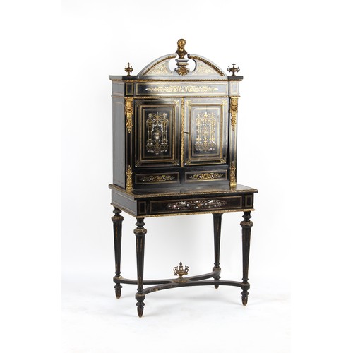 302 - A French Napoleon III ormolu mounted ebonised bonheur du jour with brass ivory & mother-of-pearl mar... 