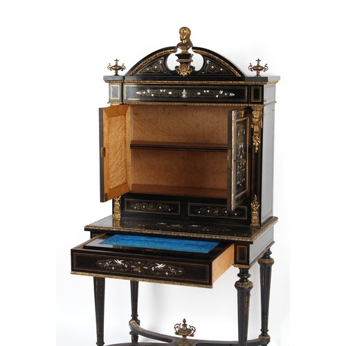 302 - A French Napoleon III ormolu mounted ebonised bonheur du jour with brass ivory & mother-of-pearl mar... 