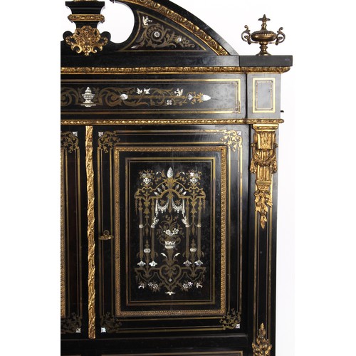 302 - A French Napoleon III ormolu mounted ebonised bonheur du jour with brass ivory & mother-of-pearl mar... 