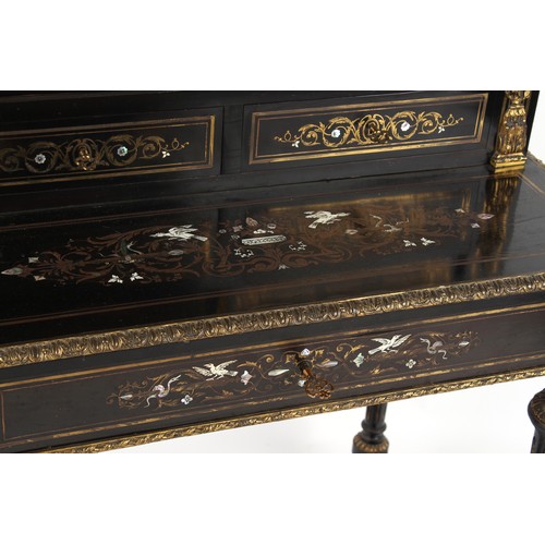 302 - A French Napoleon III ormolu mounted ebonised bonheur du jour with brass ivory & mother-of-pearl mar... 