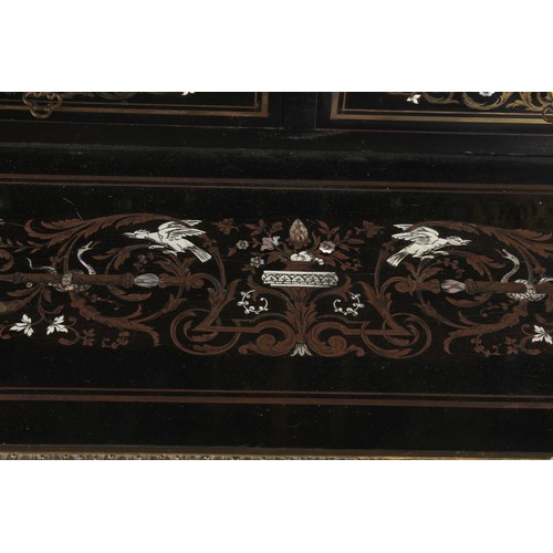 302 - A French Napoleon III ormolu mounted ebonised bonheur du jour with brass ivory & mother-of-pearl mar... 