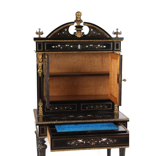 302 - A French Napoleon III ormolu mounted ebonised bonheur du jour with brass ivory & mother-of-pearl mar... 