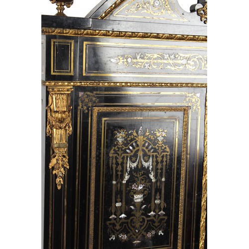 302 - A French Napoleon III ormolu mounted ebonised bonheur du jour with brass ivory & mother-of-pearl mar... 