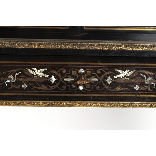 302 - A French Napoleon III ormolu mounted ebonised bonheur du jour with brass ivory & mother-of-pearl mar... 