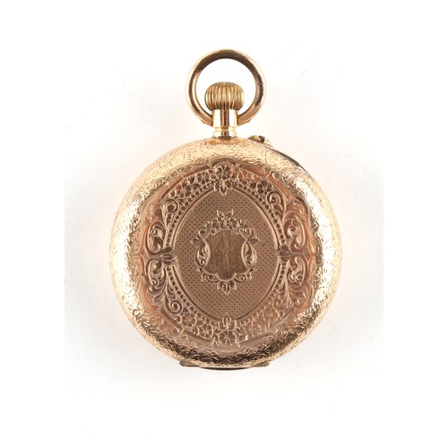 6 - Property of a gentleman - a Swiss 9ct gold cased fob watch, circa 1900, with decorative pale pink en... 