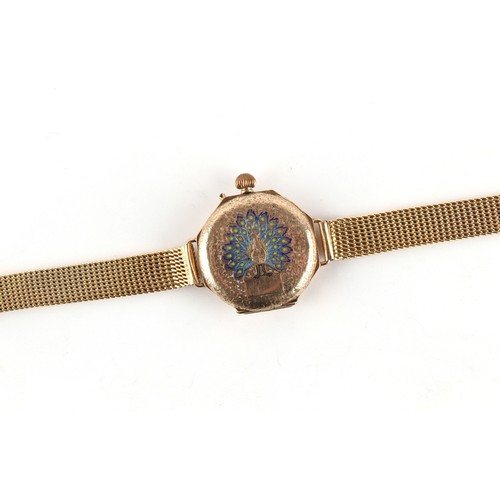 14 - Property of a lady - an early 20th century lady's 9ct gold cased wristwatch with enamel peacock deco... 