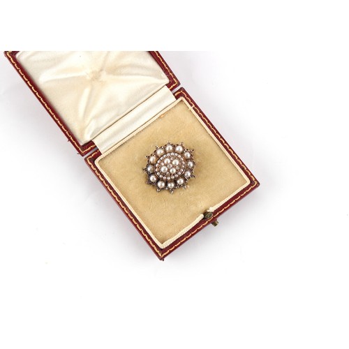 40 - Property of a lady - a Victorian pearl & diamond oval cluster brooch, unmarked, 26mm across, in fitt... 