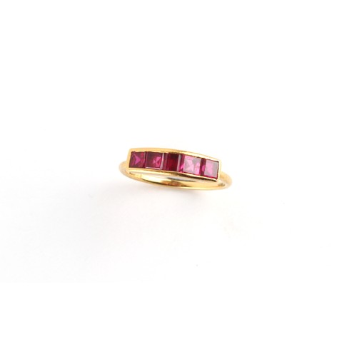 22 - Property of a deceased estate - a 22ct yellow gold ruby ring, set with a row of five square cut rubi... 