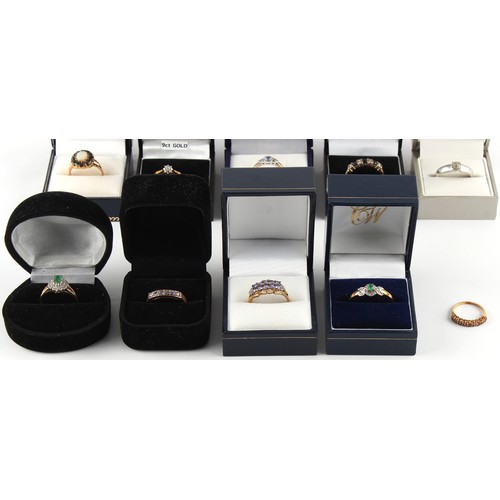 77 - Property of a deceased estate - fifteen assorted 9ct gold gem set rings, some with diamonds, approxi... 