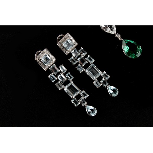 59 - Property of a lady - a pair of unmarked 14ct white gold (tested) aquamarine & diamond pendant earrin... 