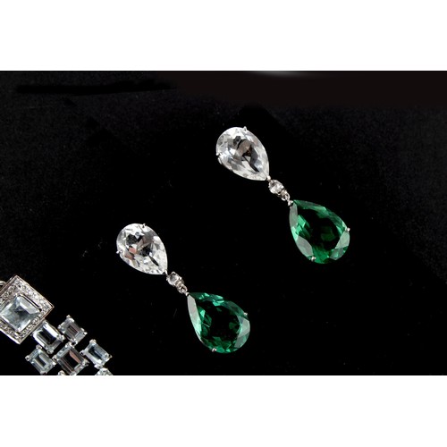 59 - Property of a lady - a pair of unmarked 14ct white gold (tested) aquamarine & diamond pendant earrin... 