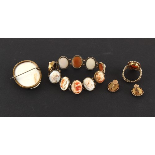 103 - Property of a lady - a quantity of carved shell cameo jewellery, comprising a 10-panel bracelet, a b... 