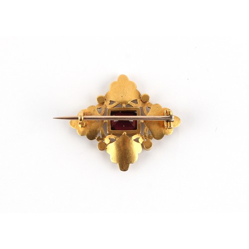 72 - An unmarked yellow gold (tests high carat) garnet seed pearl & enamel brooch, late 19th / early 20th... 