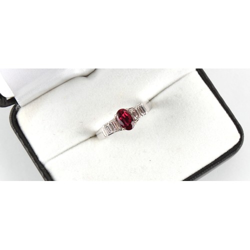 131 - A 14ct white gold certificated unheated Thai ruby & diamond ring, the oval mixed cut ruby weighing a... 