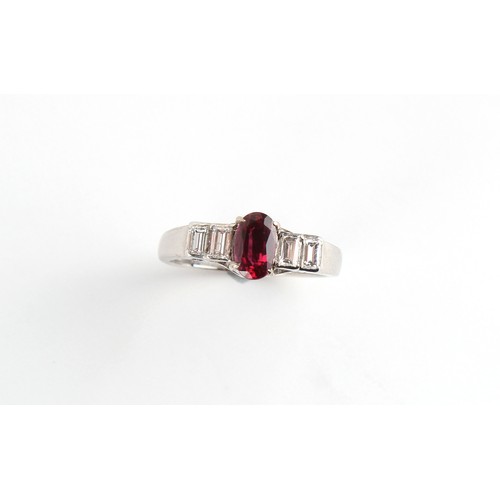 131 - A 14ct white gold certificated unheated Thai ruby & diamond ring, the oval mixed cut ruby weighing a... 