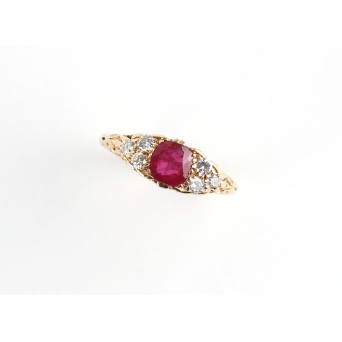 34 - An 18ct yellow gold ruby & diamond ring, the cushion cut ruby weighing approximately 1.06 carats, fl... 