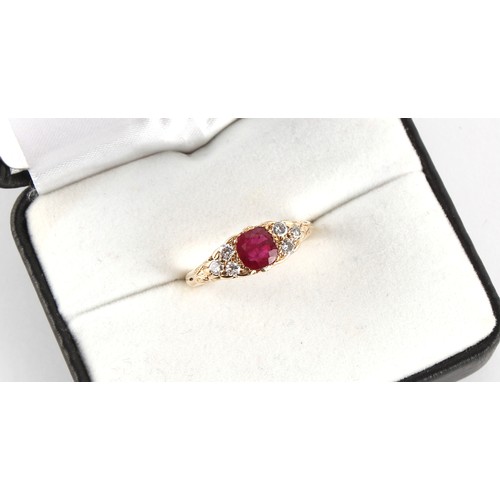 34 - An 18ct yellow gold ruby & diamond ring, the cushion cut ruby weighing approximately 1.06 carats, fl... 