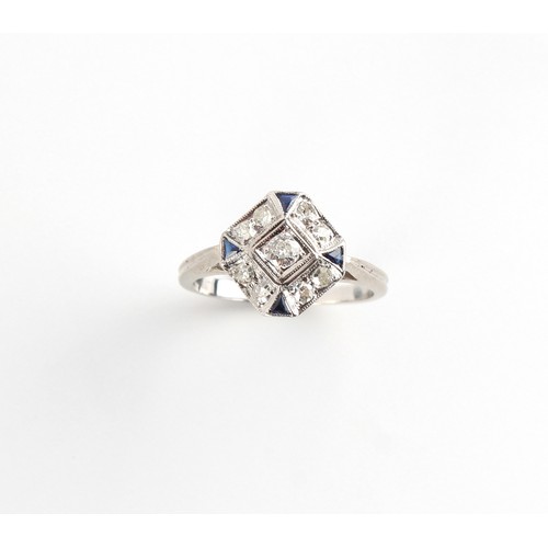 71 - A Continental Art Deco diamond & sapphire ring, the octagonal setting with centre round brilliant cu... 