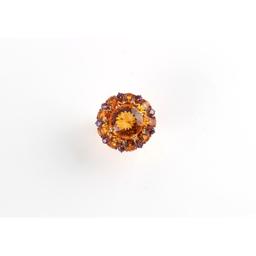 116 - A large modern 14ct yellow gold citrine amethyst & diamond flowerhead cluster ring, the centre round... 