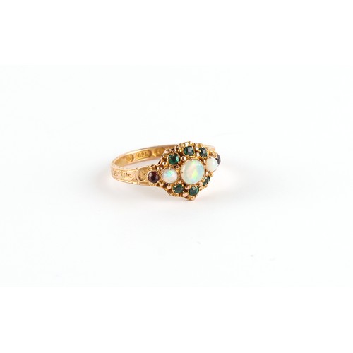 65 - A Victorian 15ct gold emerald opal & garnet ring, size N.