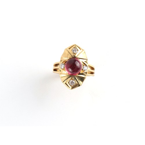 127 - A heavy grade 18ct yellow gold cabochon garnet & diamond ring, approximately 11.0 grams, size L/M.