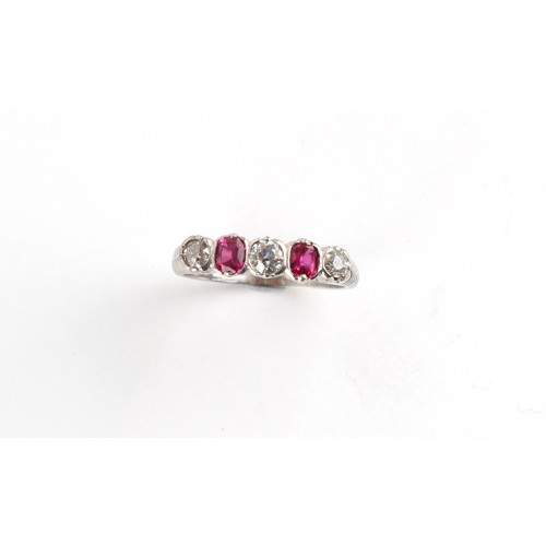 118 - An unmarked white gold or platinum ruby & diamond five stone ring, size M.