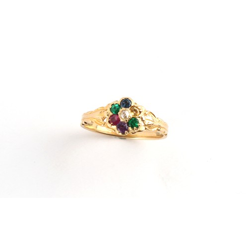 42 - A late 19th century unmarked high carat gold 'DEAREST' ring, set with a (D)iamond, (E)merald, (A)met... 