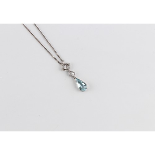 54 - An aquamarine & diamond pendant on 14ct white gold chain necklace, the pear shaped cut aquamarine we... 