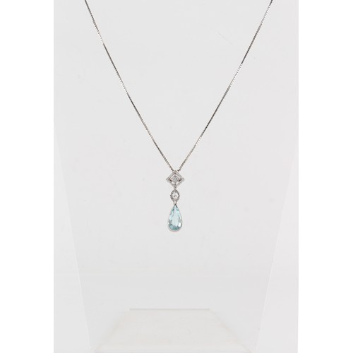 54 - An aquamarine & diamond pendant on 14ct white gold chain necklace, the pear shaped cut aquamarine we... 