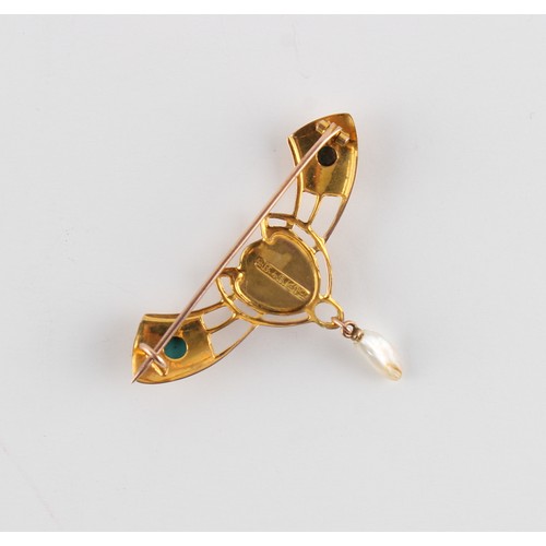 133 - An early 20th century Art Nouveau 9ct gold turquoise & freshwater pearl brooch, stamped 'S.B.&S.', 4... 