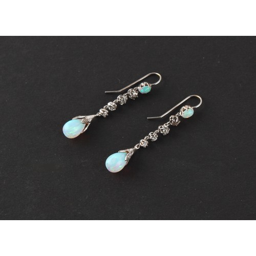 48 - A pair of opal & diamond pendant earrings, each approximately 48mm long (2).