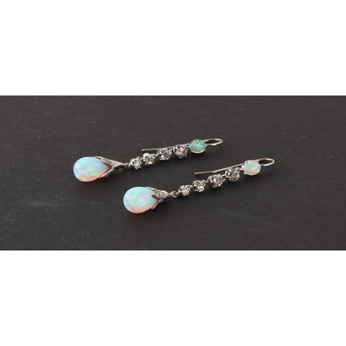 48 - A pair of opal & diamond pendant earrings, each approximately 48mm long (2).