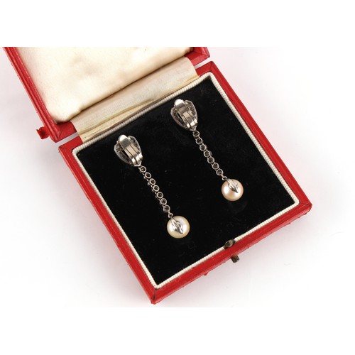 90 - A pair of Art Deco style natural saltwater pearl & diamond drop earrings, the two large certificated... 