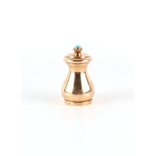 191 - Property of a lady - a small Asprey 9ct gold peppermill, with turquoise button, 2.25ins. (5.7cms.) h... 