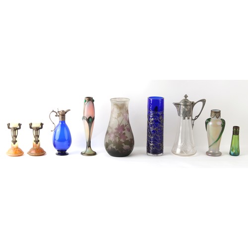 313 - A group of nine Art Nouveau and studio glass items including a WMF pewter mounted claret jug and Loe... 