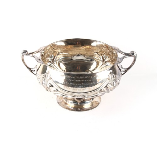 206 - Property of a gentleman - an Edwardian Art Nouveau silver two handled pedestal bowl, with engraved p... 