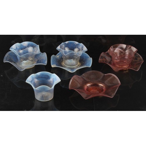 318 - Property of a deceased estate - a pair of opalescent or vaseline glass bowls on matching stands; tog... 