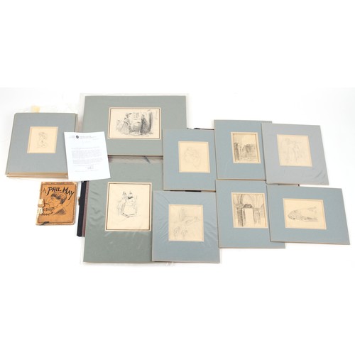 36 - Property of a gentleman - seventeen mounted but unframed pencil sketches, together with a letter fro... 