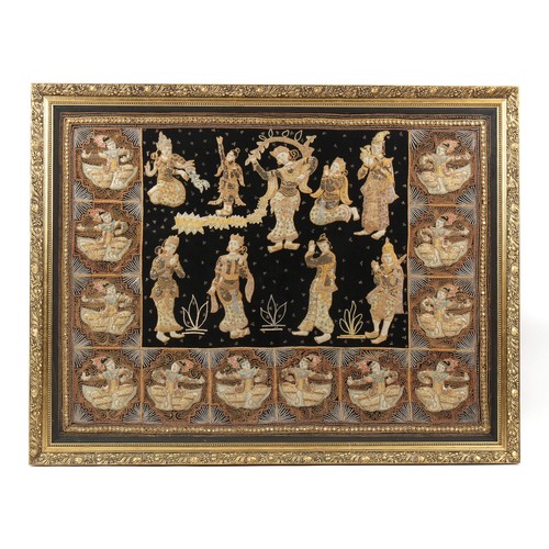 279 - Property of a lady - a large gilt framed & glazed Indian padded & sequined panel depicting dancers a... 