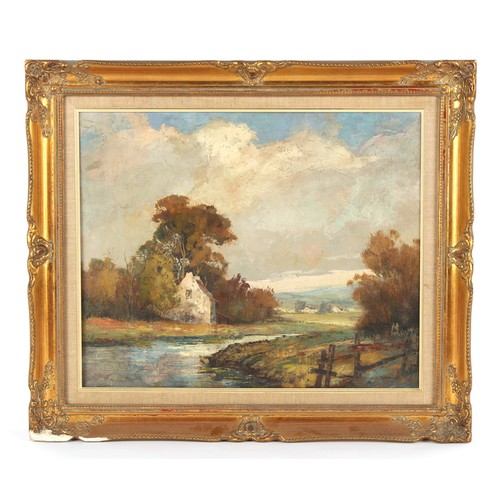 134 - Property of a gentleman - British school, mid 20th century - LANDSCAPE WITH COTTAGE BY RIVER - oil o... 