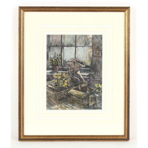 136 - Property of a lady - Norman Battershill RBA ROI (1922-2010) - 'POTTING SHED' - pastel, 8.85 by 6.5in... 