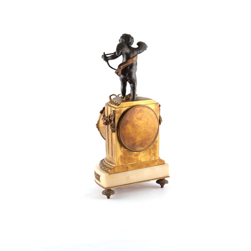 259 - Property of a lady - a late 19th century French bronze Cupid mounted white alabaster mantel clock, t... 