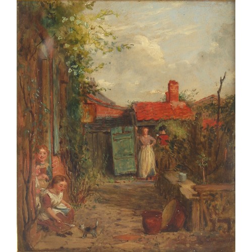 154 - Property of a gentleman - George Smith (1829-1901) - WOMEN AND CHILDREN IN COTTAGE YARD - oil on pan... 